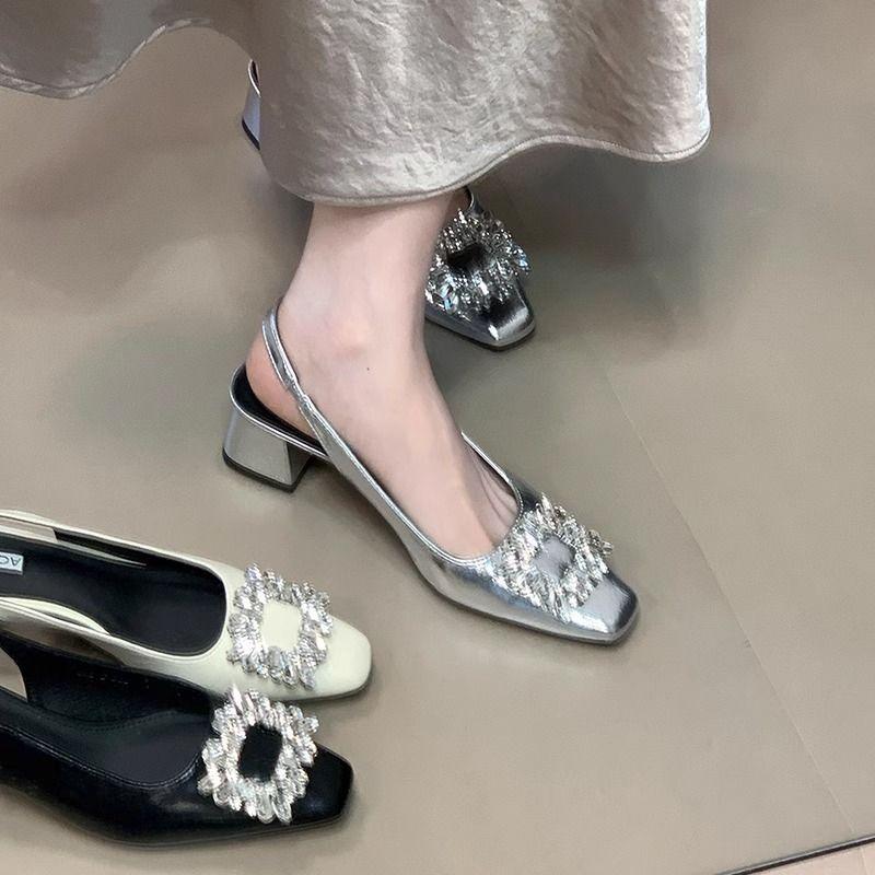 Women's Baotou Sandals Women's Summer 2025 New French Temperament Evening Fairy Rhinestone Thick Heel Silver Single Shoes Women