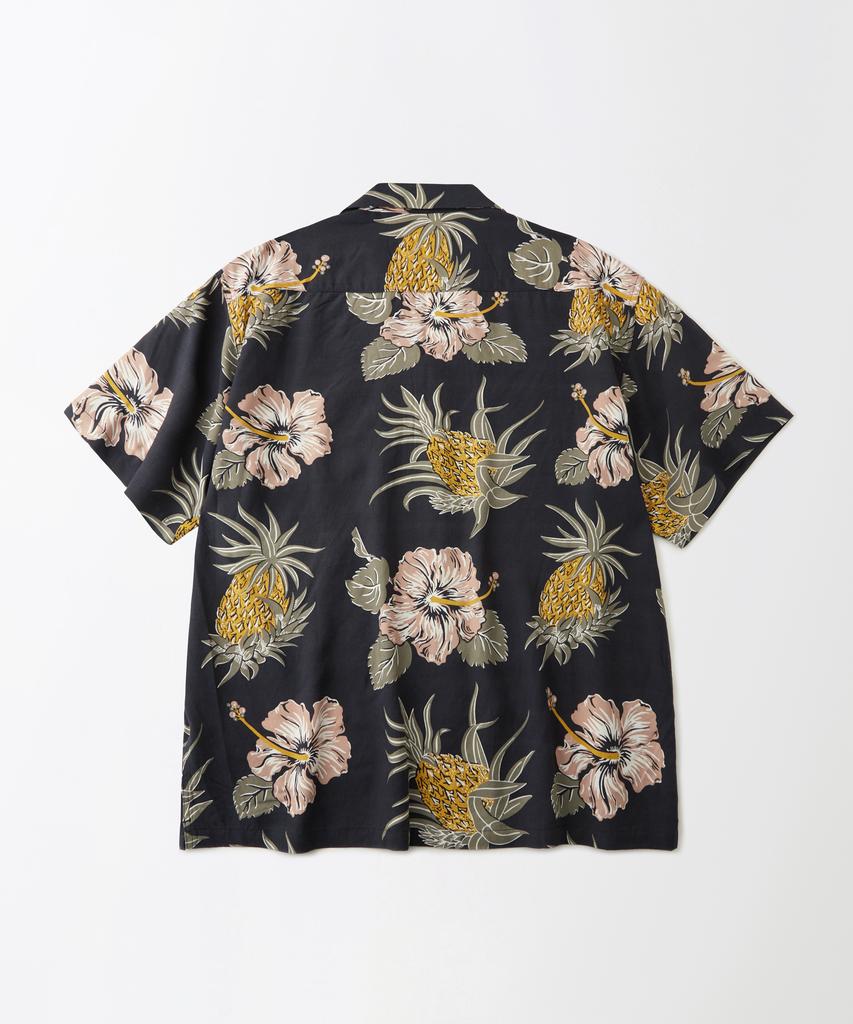 OUTSTANDING Hawaiian Open Collar Half Shirt Hibiscus_Black