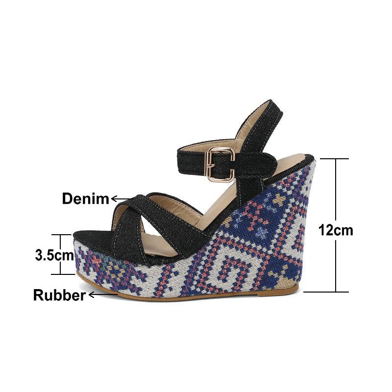 Comfortable Wedges Sandals Women Platform Shoes 2024 Summer Big Size 46 47 48 Boho Denim Beach Floral Walk Dress High Heels