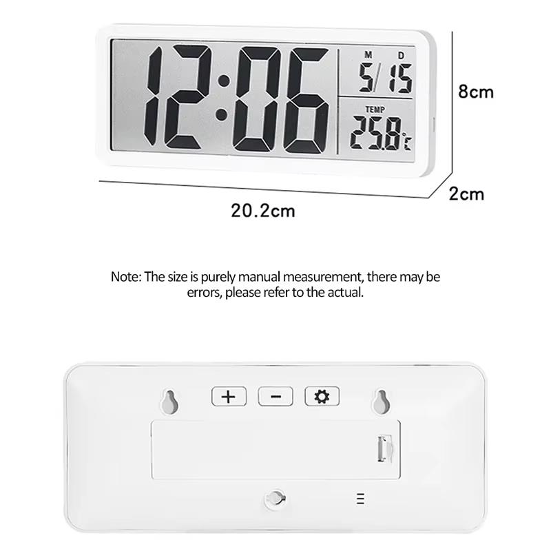LCD Digital Wall Clock with Time Temperature Humidity and Date Display USB Cable 12/24H Alarm Clock for Living Room