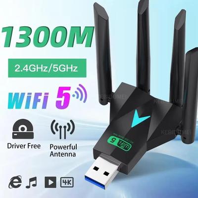 1300Mbps WiFi 5 USB Adapter Dual Band 2.4G/5Ghz Wireless Network Card Wi-Fi Dongle 4 Antenna Signal Receiver for Laptop PC Win7/10/11