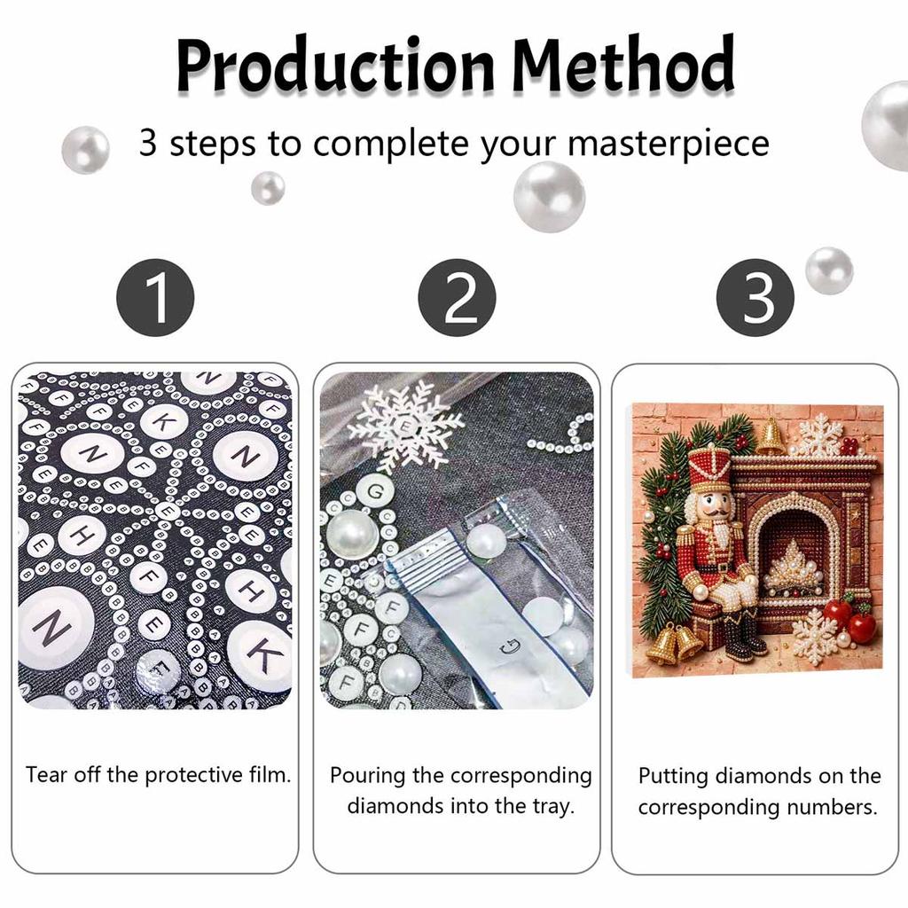 Framed Pearl Art DIY Kit with Christmas Nutcracker by Fireplace Pattern 3D Sparkling Bead Canvas Painting Handmade Gift for Home Decoration