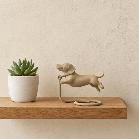 3D-gedrucktes Hundeornament, Schwebende Laufhaltung Dackel-Figur mit Zugseil-Basis, Hundestatue mit solider Textur für Haustierliebhaber Schreibtischdekoration