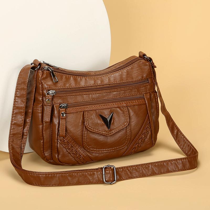 Leren Crossbody Tas met Meerdere Ritsen, Gevlochten Detail en Klepzak, Casual Schoudertas voor Dames