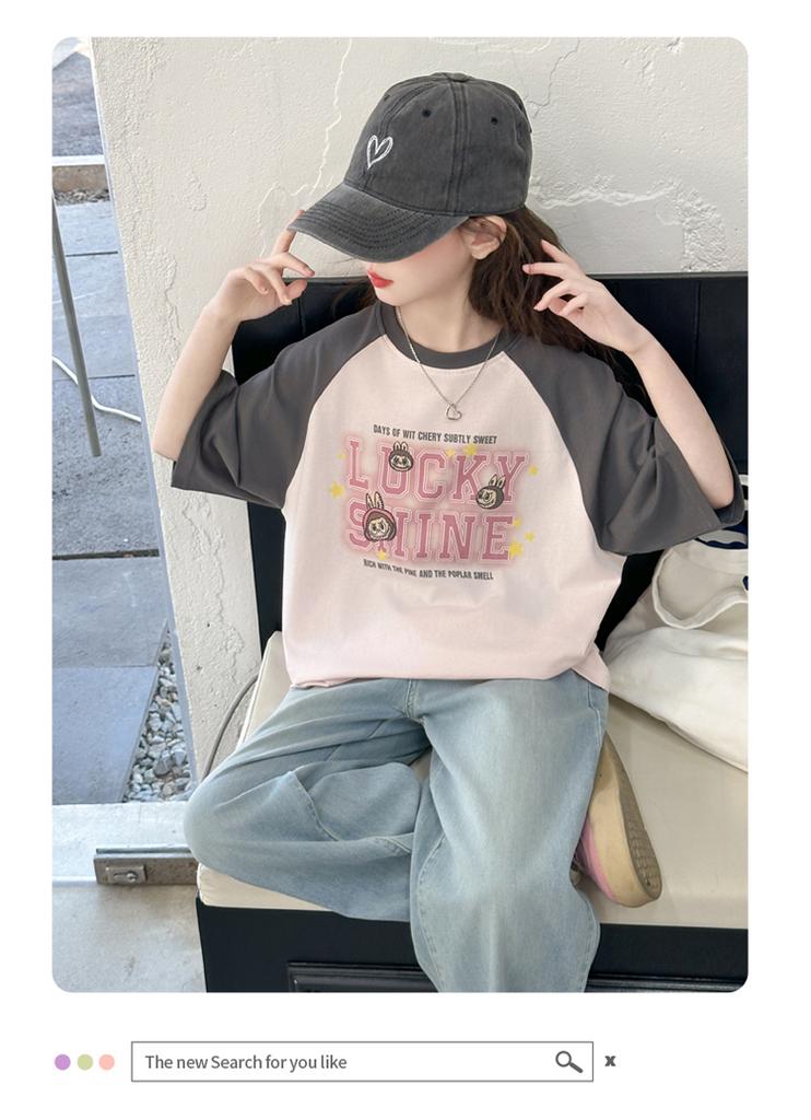 Girls' Short Sleeved Summer New Style Slimming Color Blocked Medium and Large Children's Stylish T-shirt Fashionable Pure Cotton Top