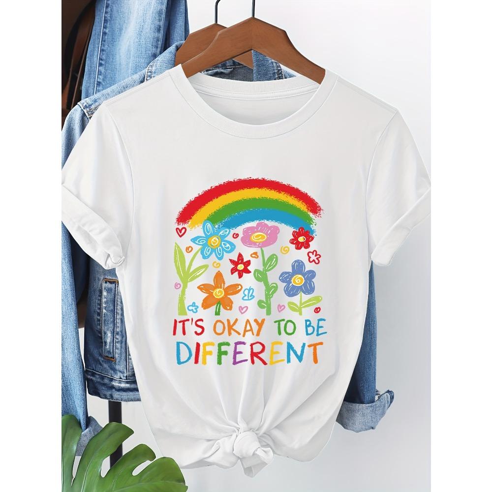 Women's Short Sleeve T-Shirt Rainbow Floral Graphic "It's Okay To Be Different" Letter Printed Summer Casual Round Neck Top