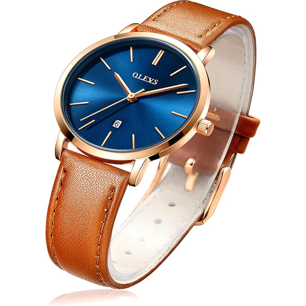 Trbrand Women s Analog Watch Blue Dial Brown Strap Gold Case Waterproof Slim Lightweight Fashion Timepiece