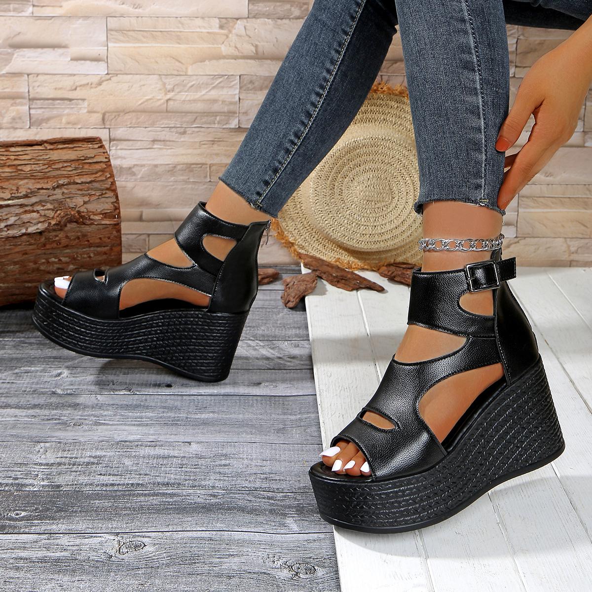 

Модные женские сандалии на платформе и танкетке, летняя мода, повседневные, удобные, женские сандалии на каблуке, новинка 2025, обувь для ходьбы для женщин, высокий каблук 43 чёрный