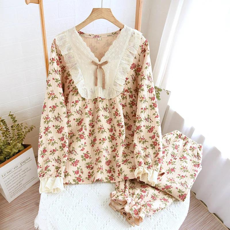 New Women's Pajamas Suit Thick Warm Cardigan Winter Pyjamas Sets Long Sleeve Flower Print Home Clothes Sleepwear