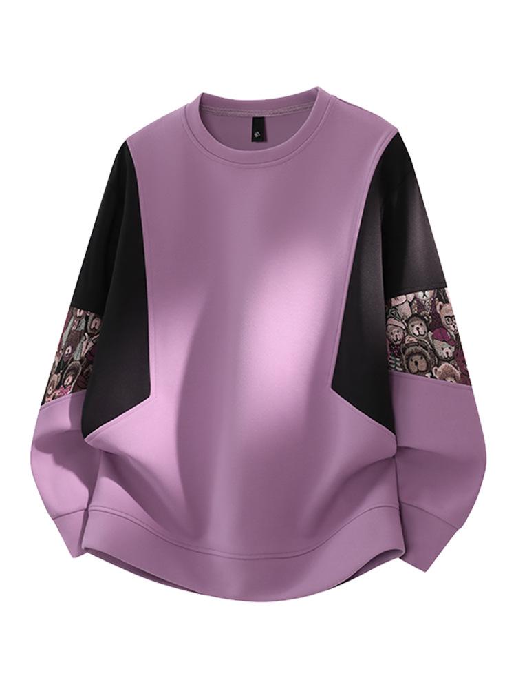 ACU Menswear Fleece-Lined Men's Sweatshirt - Autumn/Winter 2026, Bear Sleeve Patchwork, Jacquard, Round Neck, Color Block Design