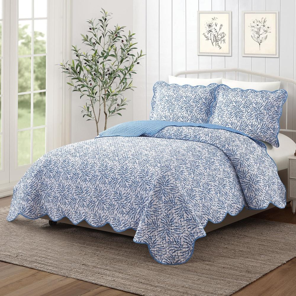 Blauwe Varen 3-delige Dekbedset Volledig Queen Zachte Polyester Beddengoedset met Kussenslopen Koeltechnologie Elegante Golvende Randen Klassiek