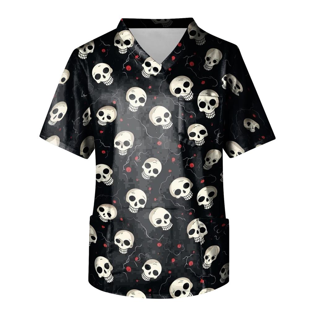 Herren Halloween Print V-Ausschnitt Kasack Kurzarm Medizinische Arbeitskleidung mit Tasche Leicht Bequem Passend für medizinisches Fachpersonal
