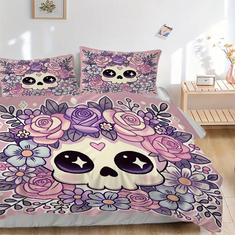 3pcs Pink Cute Skull Print Bedding Set Soft and Comfortable, Suitable for Use In Bedrooms and Guest Rooms.N075