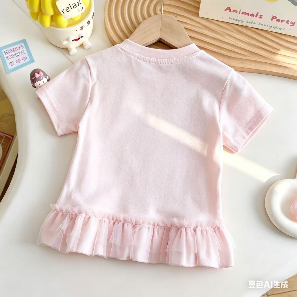 Girls Summer Short Sleeve T Shirt with Lace Trim Cute Cartoon Print and Bow