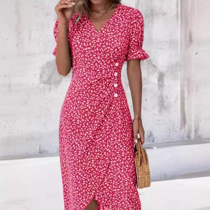 

2024 Summer V-Neck Floral Puff Sleeve Irregular Hem Casual Dress XXL