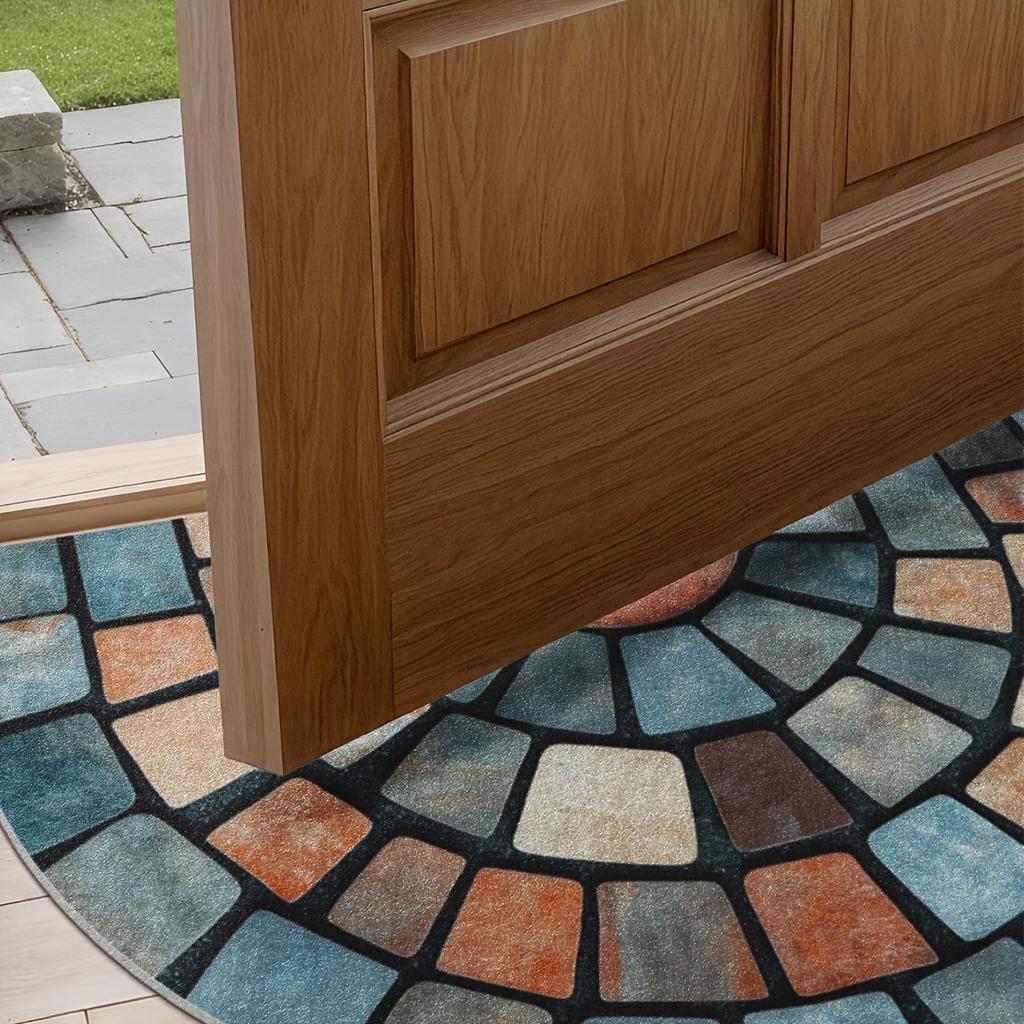 1Pcs Colorful Stone Blocks Half Round Door Mat Non-Slip Washable Floor Mat 2D Flat Semi-Circular Rug for Entryway Hallway Decor