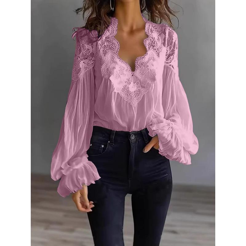 QICED Women's Fashion Casual Solid Color Print Long Sleeve V Neck Blouses & Shirts