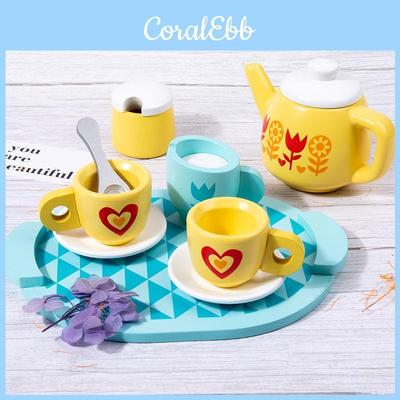 Wooden Heart Shaped Flower Checkered Pattern Afternoon Tea Set Children Toy For Imaginative Kitchen Fun