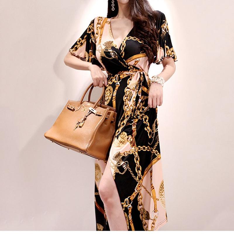 

Spring and suer new women s printed dress temperament V-neck gold chain lace-up waist dress S золотой