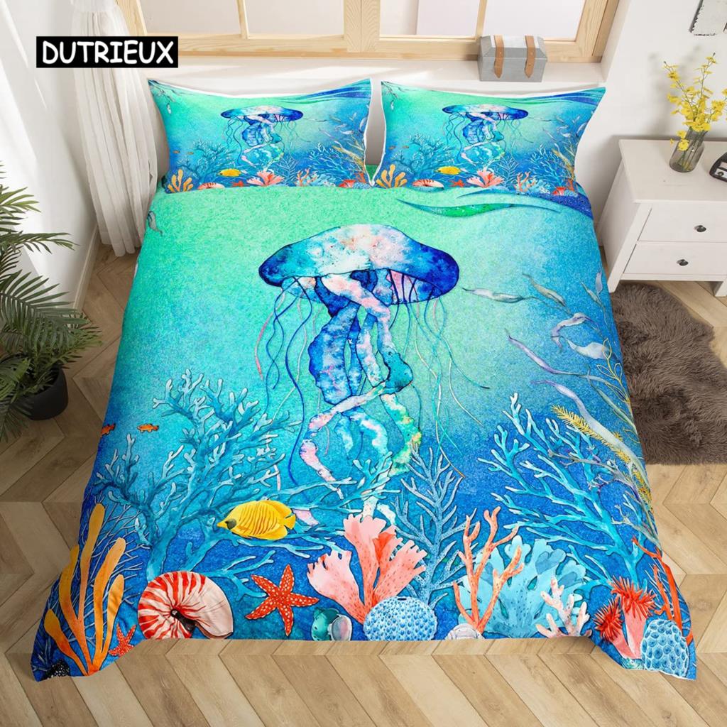 3D Octopus Sea Turtle Duvet Cover Retro Sailboat Crab Reptile Bedding Set Marine Mediterranean Style Jellyfish Comforter Cover