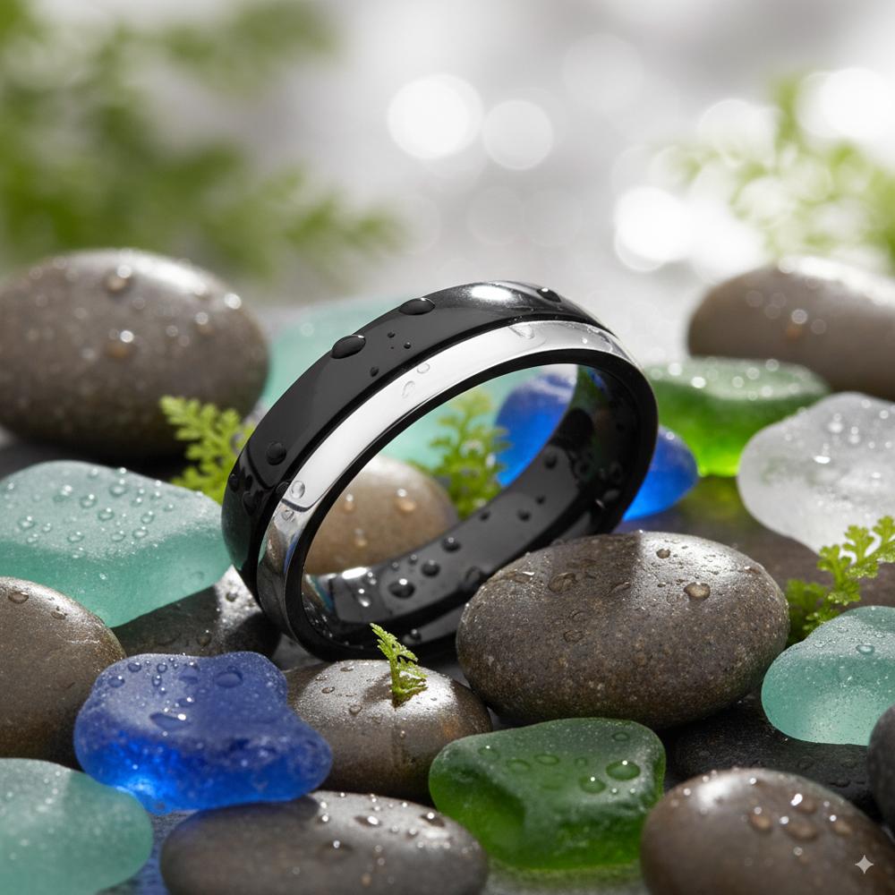 Waterproof Black Double Layer Stainless Steel Wedding Band Ring for Women Unique 6mm Engagement Promise Jewelry