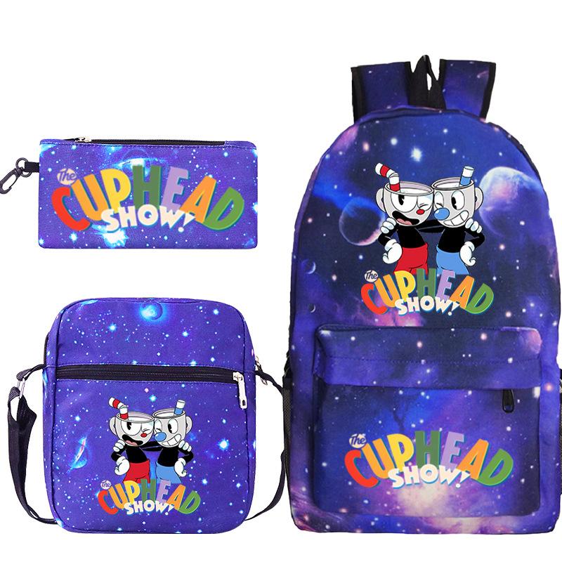 Cartoon Teacup Head Cuphead Student School Bag Backpack Three-piece Set Children's Shoulder Bag Pencil Bag