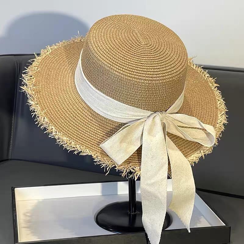 New French Flat-top Straw Hat Women's Big Head Circumference Seaside Beach Top Hat Woven Sun Hat Summer