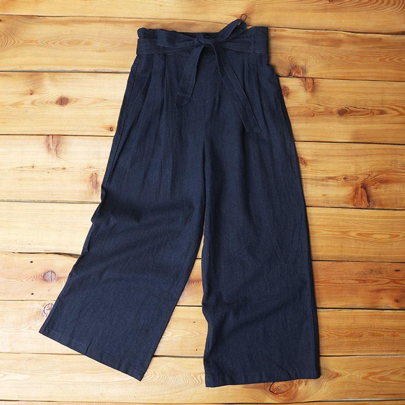 

Fashion Export Super Value Summer Cool Ice Silk Linen Wide-Leg Pants Women Loose High Waist Casual Cropped Pants Slim Looking Women Dark navy blue Code S
