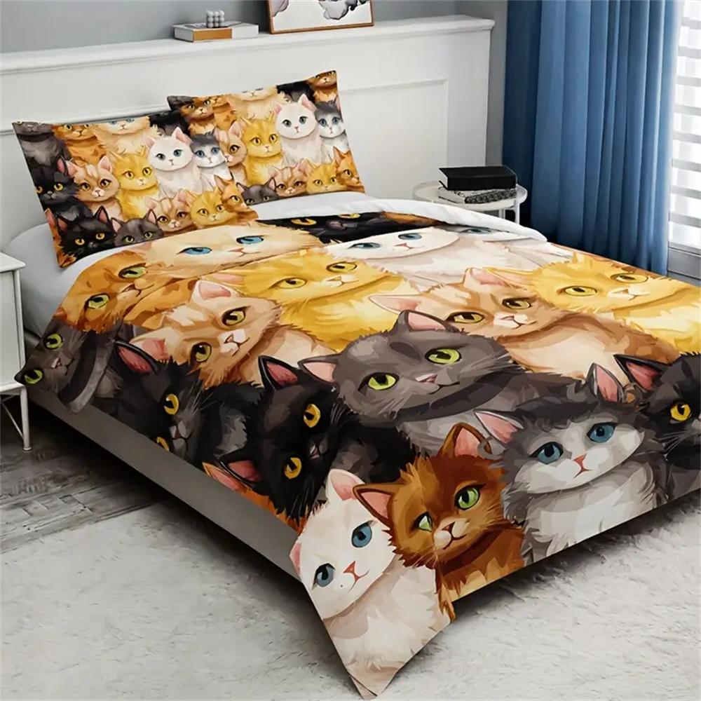 Cute Cartoon Kitten All Season Bedding Set, Soft Comfortable And Breathable Duvet Cover 1*Duvet Cover + 2*Pillowcase