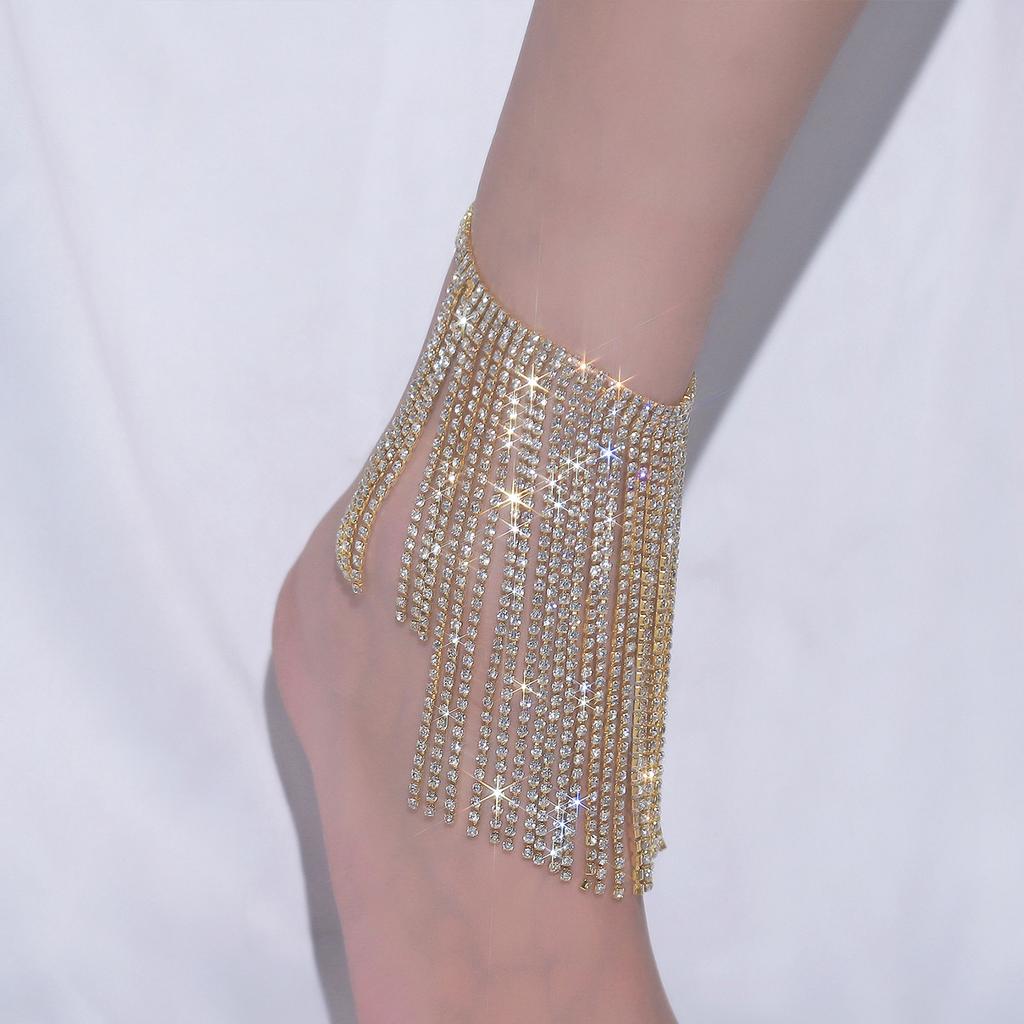 Rhinestone Tassel Anklet European and American Entry Lux Full Diamond Sexy Exaggerated High Heels Accessories Shoe Chain Foot Ornaments
