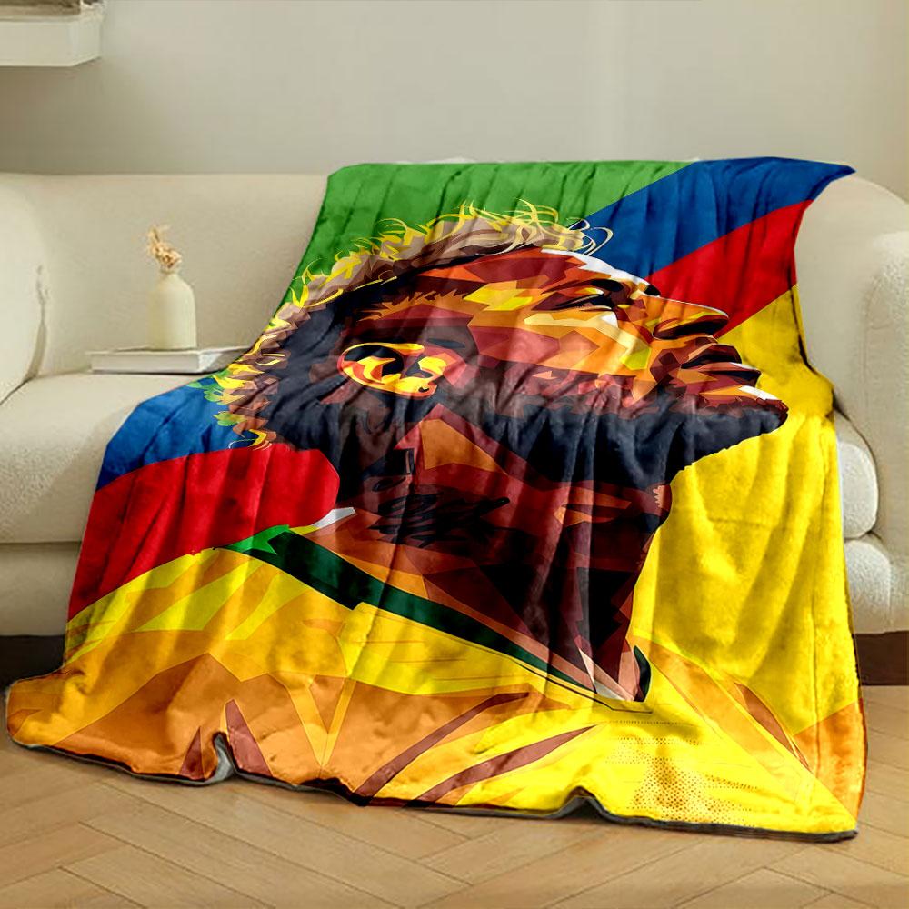 A colorful geometric portrait with bold diagonal stripes in the background. for all seasons blanket lunch break throw gift