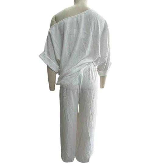 Women's Cotton Linen 2 Piece Sets Casual One Shoulder Half Sleeve Top And Wide Leg Pants Summer Vacation Lounge Outfits
