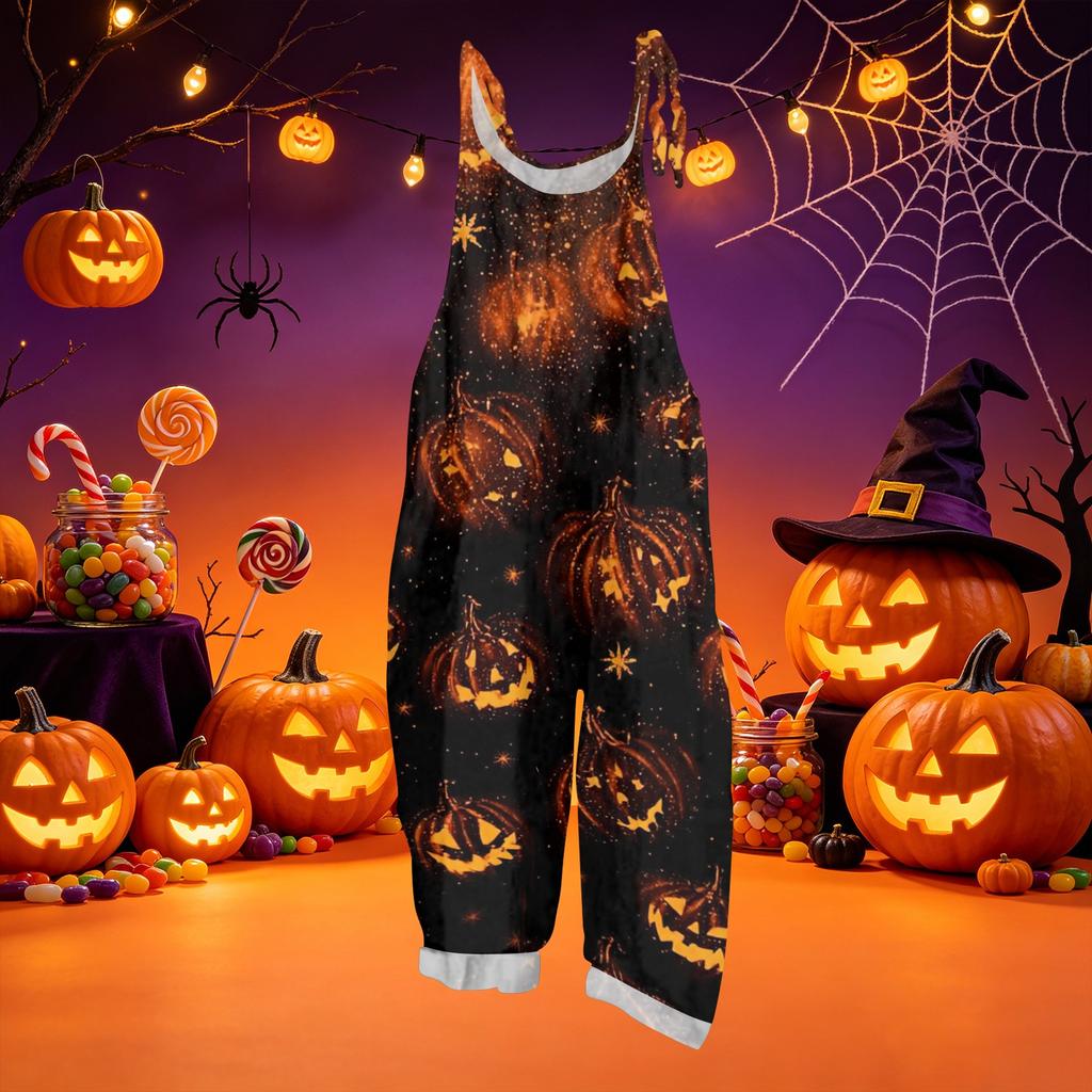Loose Fit Halloween Print Cotton Linen Overalls Casual Vintage Style Sleeveless Jumpsuit Adjustable Shoulder Straps