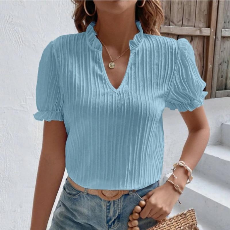 2023 Yaz Kısa Kollu Beyaz Gömlek Kadın Vintage Katı V Yaka Gevşek Gömlek Casual Zarif Dantel Bluz Moda Giyim 28006