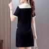 Summer Sailor Collar Midi Dress Zipper Short Sleeve Women's Clothing Casual Pockets Patchwork Basic Solid Color A-Line Dresses