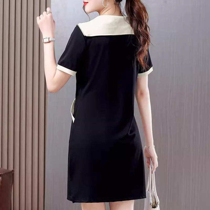 Summer Sailor Collar Midi Dress Zipper Short Sleeve Women's Clothing Casual Pockets Patchwork Basic Solid Color A-Line Dresses