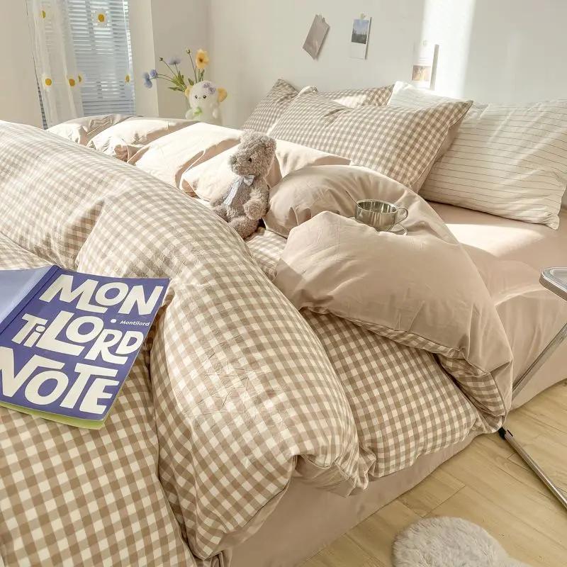 INS Plaid Bedding Set Pink Green Bed Linens Nordic Duvet Cover Pillowcase Queen Size Flat Sheet Adults Kids Bedclothes