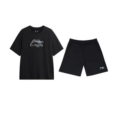 Li-Ning Letter Print Loose Versatile Round Neck Pullover Short Sleeve Mid Waist Shorts Casual Sports Suit Unisex Suit AHSVD57-1+YKSV147-2