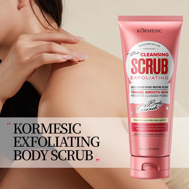 Exfoliating body scrub, deep cleansing, easy to rinse off, no residue.