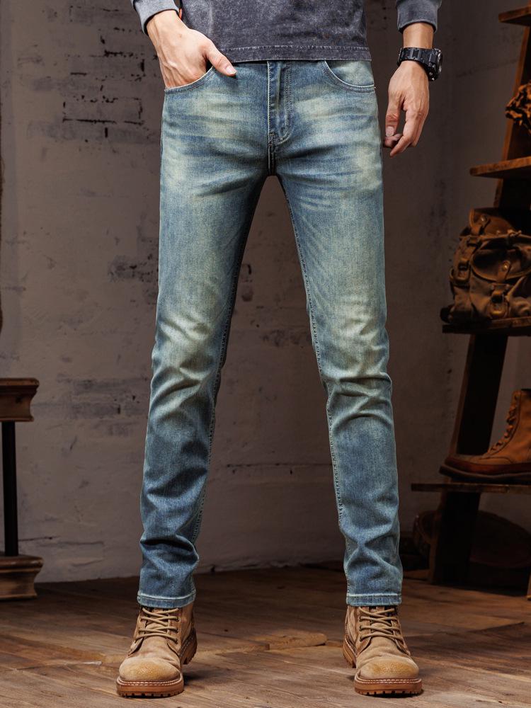 Brand Men's Korean Style Skinny Mid-Waist Jeans - Versatile Fashionable Long Pants for All Seasons