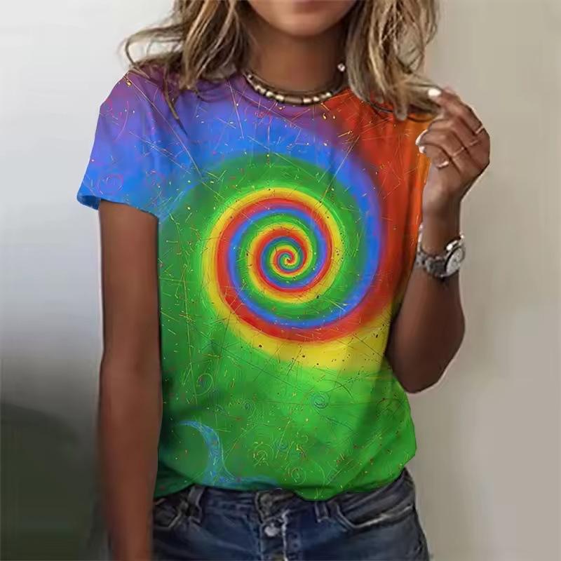 3D Printed Color Rotating Pattern T-shirts Summer Retro Loose Round Neck Short Sleeved Women's T-shirts