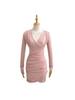 Sexy Deep V-Neck Pleated Slimming Mini Dress for Women - Autumn and Winter Base Layer