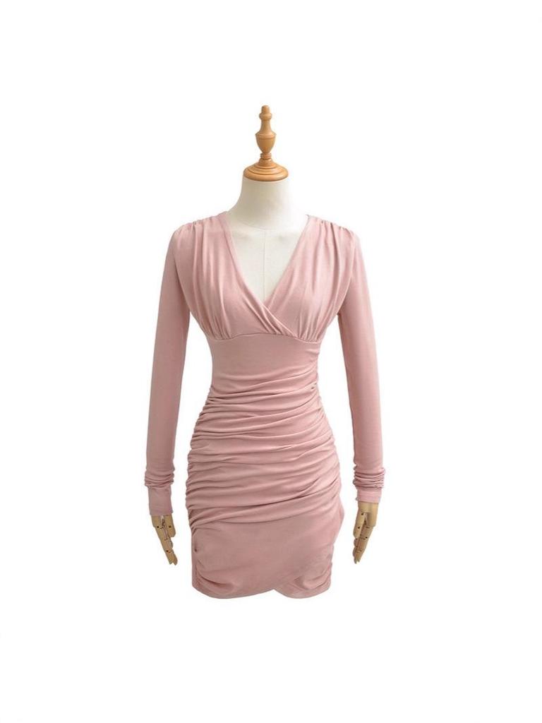 Sexy Deep V-Neck Pleated Slimming Mini Dress for Women - Autumn and Winter Base Layer