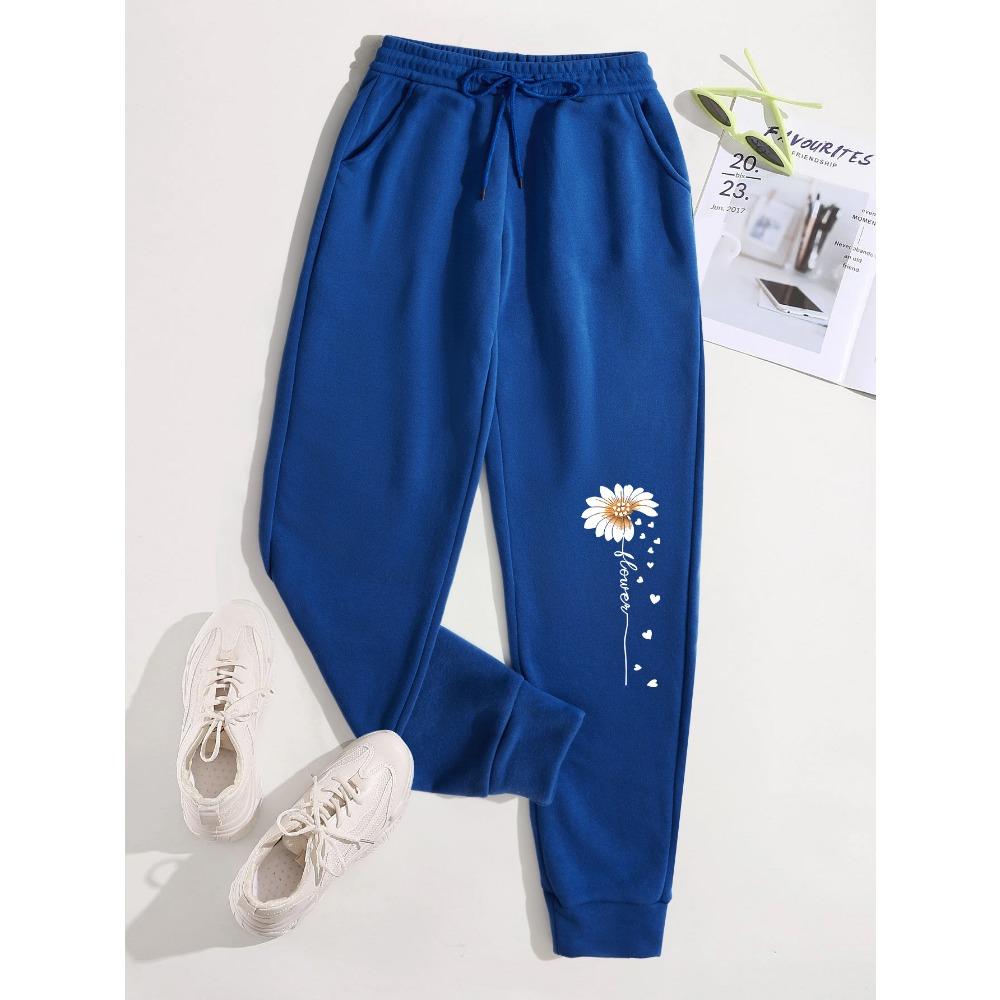 Creative Love Flower Print Women Elastic Waist Pants Jogger Fleece Drawstring Long Pant Fashion Sports Sweatpants