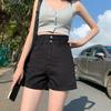 Women's High Waist A-Line Denim Shorts - Summer Straight Leg, Double Button, Loose Fit with Rolled Hem, Trendy Wide Leg Design