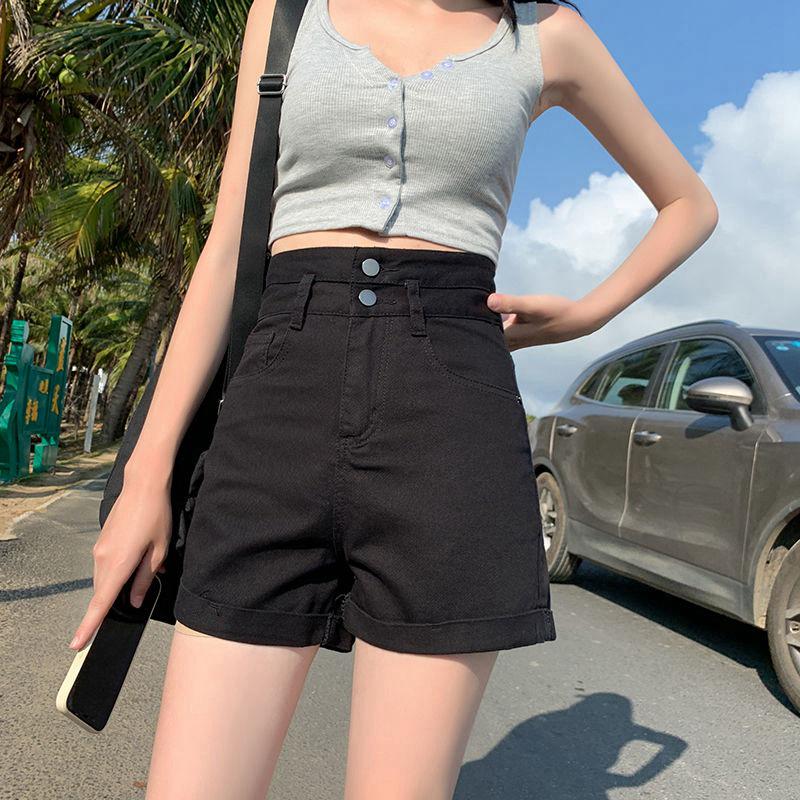 Women's High Waist A-Line Denim Shorts - Summer Straight Leg, Double Button, Loose Fit with Rolled Hem, Trendy Wide Leg Design