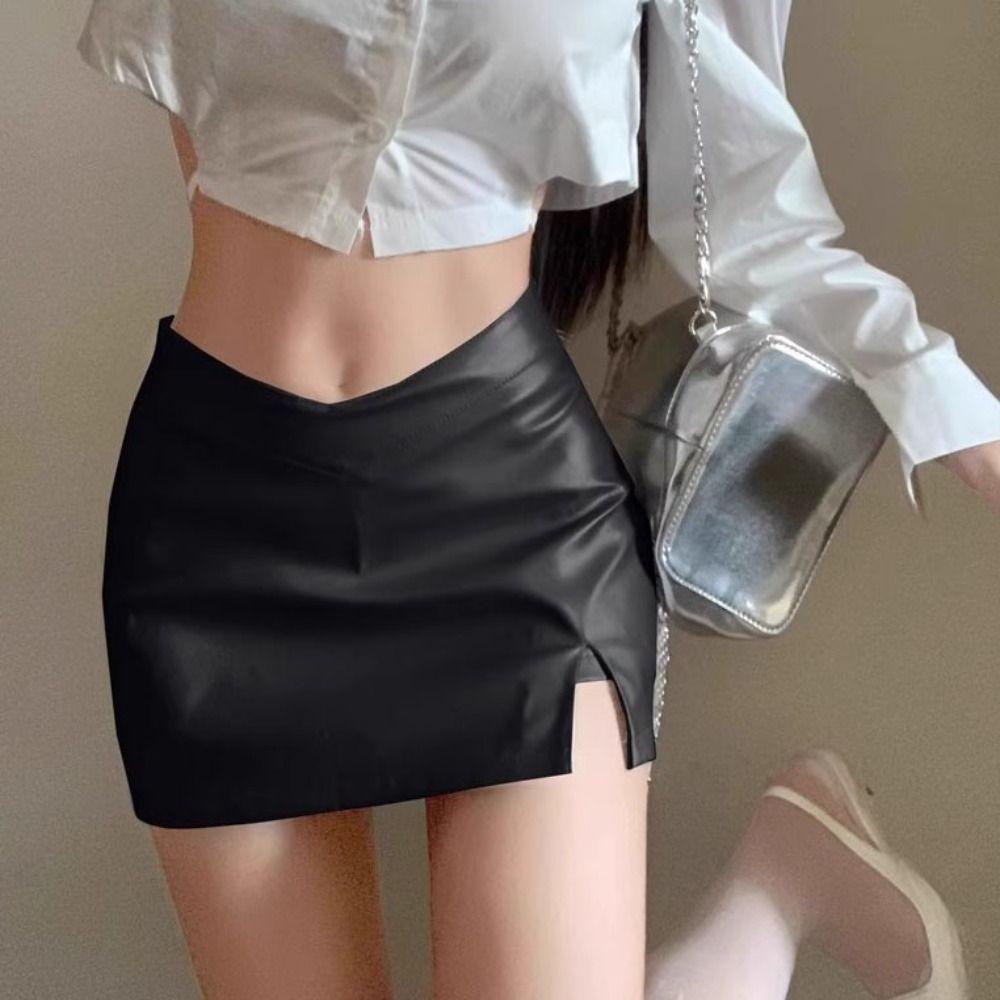 Waterproof Short Mini Skirts Split High Waist A-line Skirt Harajuku PU Leather Skirt  Lady