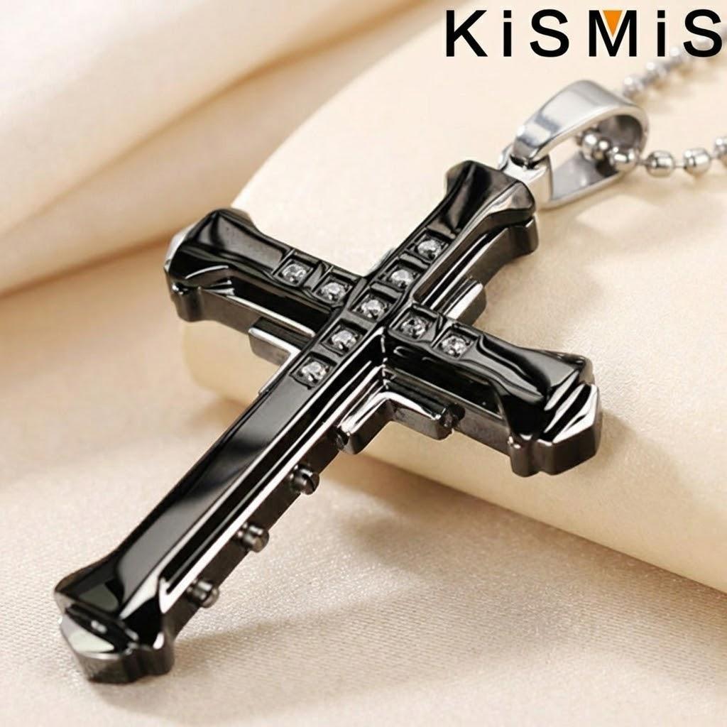 1PC Men Crystal Cross Pendant Silver Gold Black Stainless Steel Zirconia Jesus Necklace Jewelry чёрный