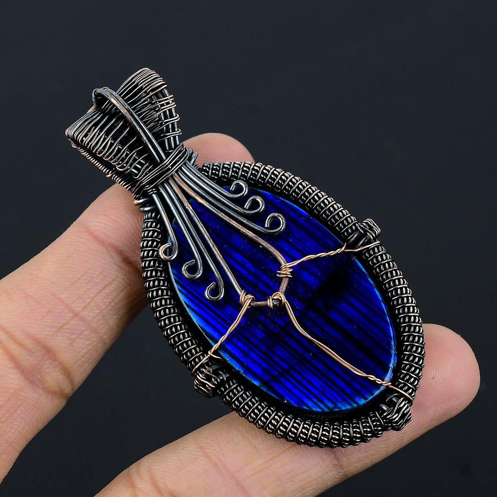 Blue Flash Labradorite Handmade Pendant, Natural Gemstone Jewelry, 999 Copper Wire Wrapped Pendant Jewelry, For Gift