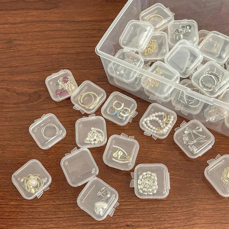 Mini Plastic Jewelry Storage Box Square Transparent Flip Portable Pill Container Jewelry Holder Packaging Earrings Display Case